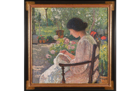 Henri MARTIN (1860-1943). Lisette cousant dans le jardin de Marquayrol. Huile sur toile. Signé en bas à droite. 82 x 82 cm.  Ce tableau sera inclus dans le catalogue raisonné en cours de réalisation par Marie-Anne Destrebecq-Martin.