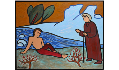 Rémi BLANCHARD (1958-1993).  Les voix de la rivière, 1991.  Acrylique sur toile.  Signé et daté en bas à gauche.  116 x 146 cm.  Craquelures.