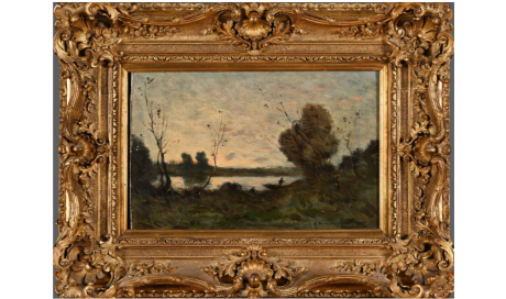 Lot 568. Henri Joseph HARPIGNIES (1819-1916). Paysage animé au couchant. Huile sur toile. Signé en bas à gauche. Dédicacé en bas à droite. 28 x 41 cm.