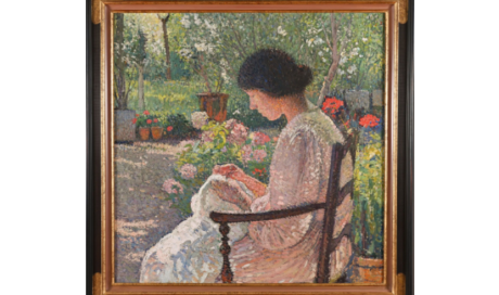 Henri MARTIN (1860-1943).  Lisette cousant dans le jardin de Marquayrol.  Huile sur toile.  Signé en bas à droite.  82 x 82 cm.
