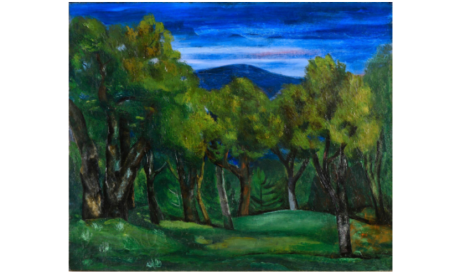 Moïse KISLING (1891-1953). Les oliviers à l'aube (Saint-Tropez), 1912. Huile sur toile. Signé en bas à gauche. Titré au dos sur une étiquette. Numéroté 12119 sur une étiquette au dos. 54 x 65 cm. Quelques repeints de restauration dans le ciel, dans la partie basse à gauche du tableau ainsi que dans les feuillages des arbres.  Bibliographie : Jean Kisling, Kisling (1891-1953),Tome II, Paris, J. Kisling, 1982, oeuvre reproduite p. 256 (n°2).