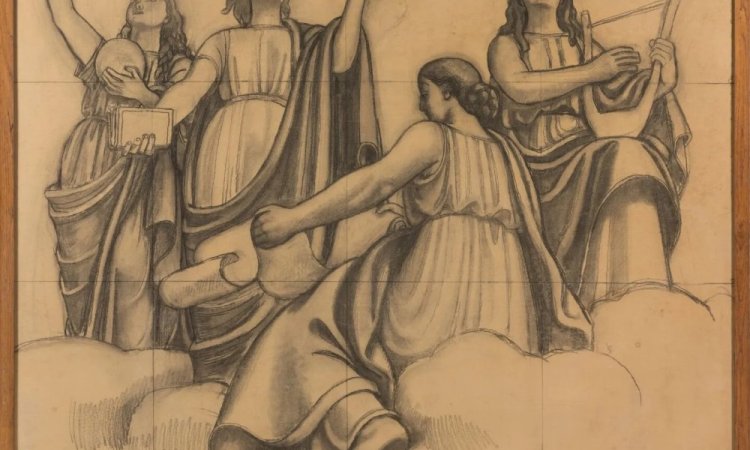 Louis BOUQUET (1885-1952). Quatre muses dans les limbes étude préparatoire pour le hall d'entrée du Palais Bondy à Lyon. Fusain sur papier bistre contrecollé sur papier avec mise au carreau. Numéroté 8 et 9. A vue : 147,5 x 186 cm. Piqûres, petites déchirures, salissures.