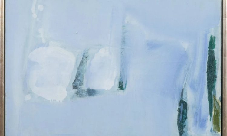 Olivier DEBRE (1920-1999). Saint-Georges-de-Didonne, Bleus, Port de Royan,1963. Huile sur toile. Signé des initiales et daté en bas à droite. Contresigné, titré et daté au dos. 81 x 100 cm. Craquelures au niveau de la croix du châssis.