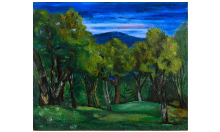 Moïse KISLING (1891-1953). Les oliviers à l'aube (Saint-Tropez), 1912. Huile sur toile. Signé en bas à gauche. Titré au dos sur une étiquette. Numéroté 12119 sur une étiquette au dos. 54 x 65 cm. Quelques repeints de restauration dans le ciel, dans la partie basse à gauche du tableau ainsi que dans les feuillages des arbres.  Bibliographie : Jean Kisling, Kisling (1891-1953),Tome II, Paris, J. Kisling, 1982, oeuvre reproduite p. 256 (n°2).