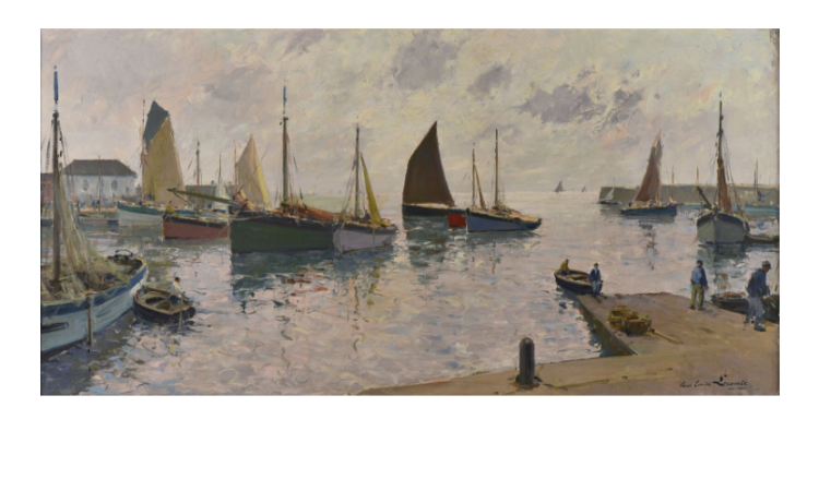 Paul Emile LECOMTE (1877-1950). Matin clair dans le port de Joinville, Ile-d'Yeu. Huile sur toile. Signé en bas à droite. 70 x 140 cm. Etiquette au dos : Matin clair.