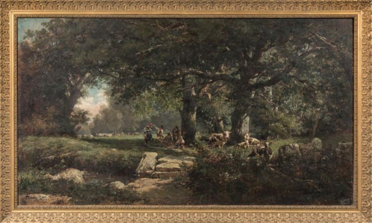 Louis GUY (1824-1888). La danse sous les arbres, 1884. Huile sur toile. Signé et daté en bas à droite 85 x 155 cm. Frottements. Estimation : 1 500 € à 2 500 €