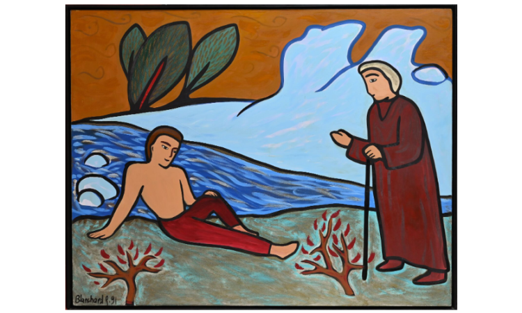 Rémi BLANCHARD (1958-1993).  Les voix de la rivière, 1991.  Acrylique sur toile.  Signé et daté en bas à gauche.  116 x 146 cm.  Craquelures.