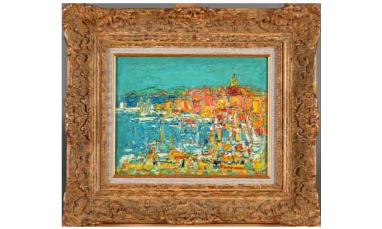 Lot 627. André COTTAVOZ (1922-2012). Le port de Saint-Tropez, 1998. Huile sur toile. Signé en bas à droite. Contresigné, titré et daté au dos. 24 x 31 cm.