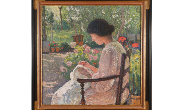 Henri MARTIN (1860-1943).  Lisette cousant dans le jardin de Marquayrol.  Huile sur toile.  Signé en bas à droite.  82 x 82 cm.